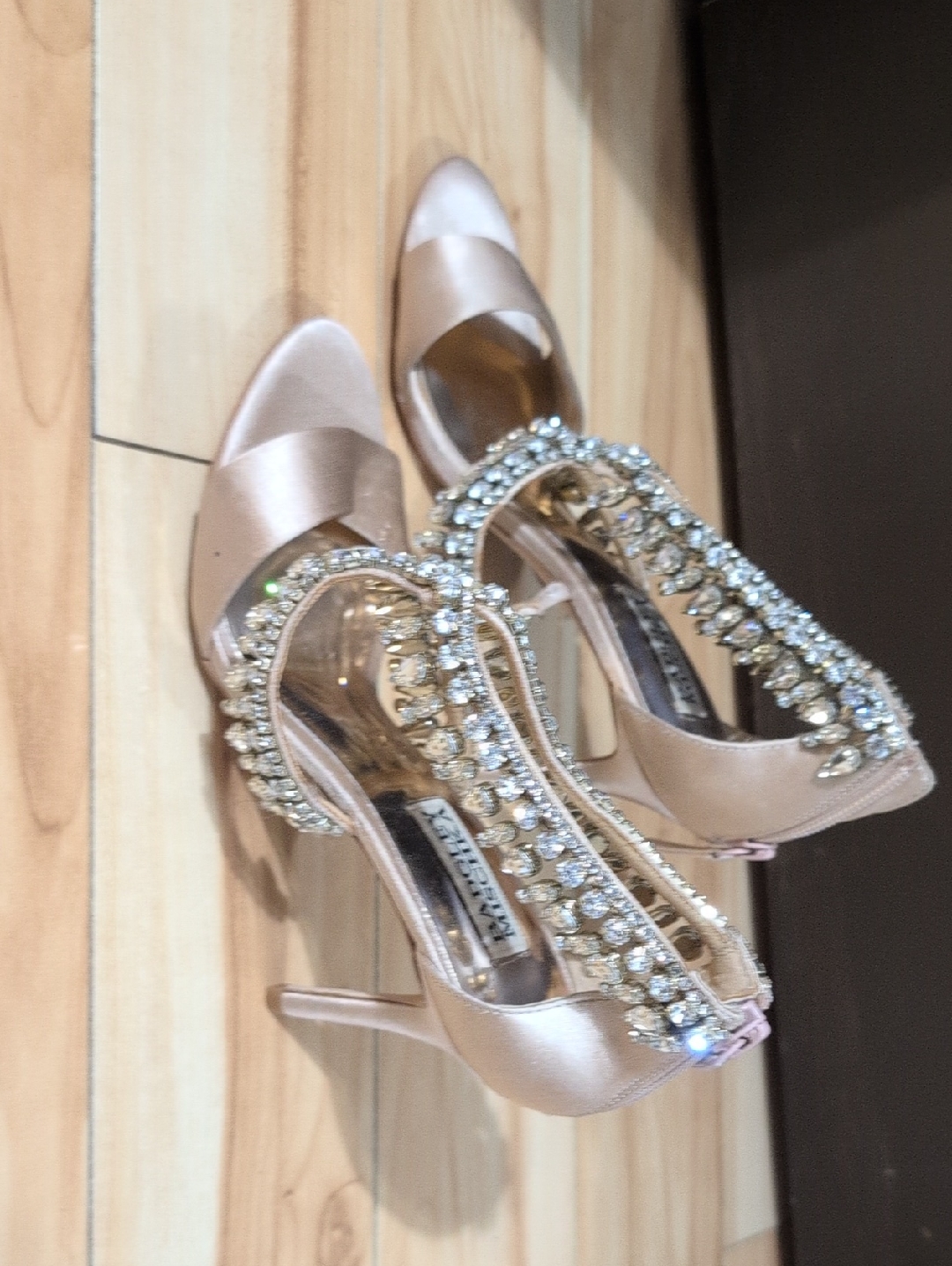 Badgley Mischka Satin Crystal-Embellished Peep-Toe Heels In Blush Gold